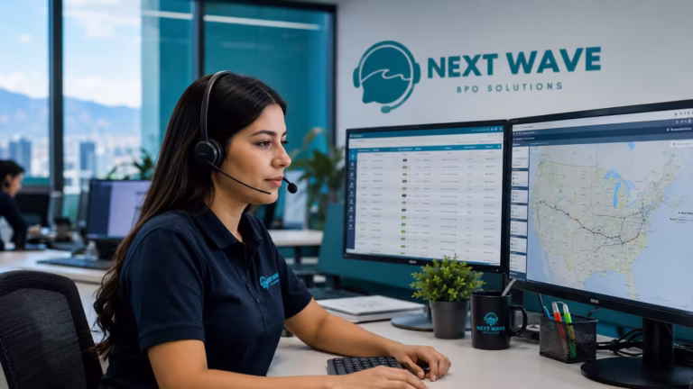 Coordinador de dispatch colombiano con auriculares gestionando logística de transporte estadounidense en dos monitores en una oficina moderna de Medellín
