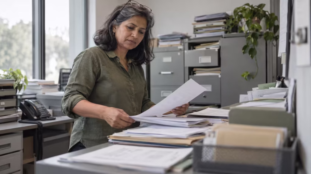 Office administrator sorting invoices and purchase orders into folders as part of back-office outsourcing work