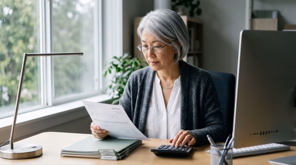 Accounts payable specialist matching a printed invoice against a purchase order, part of accounts payable outsourcing work