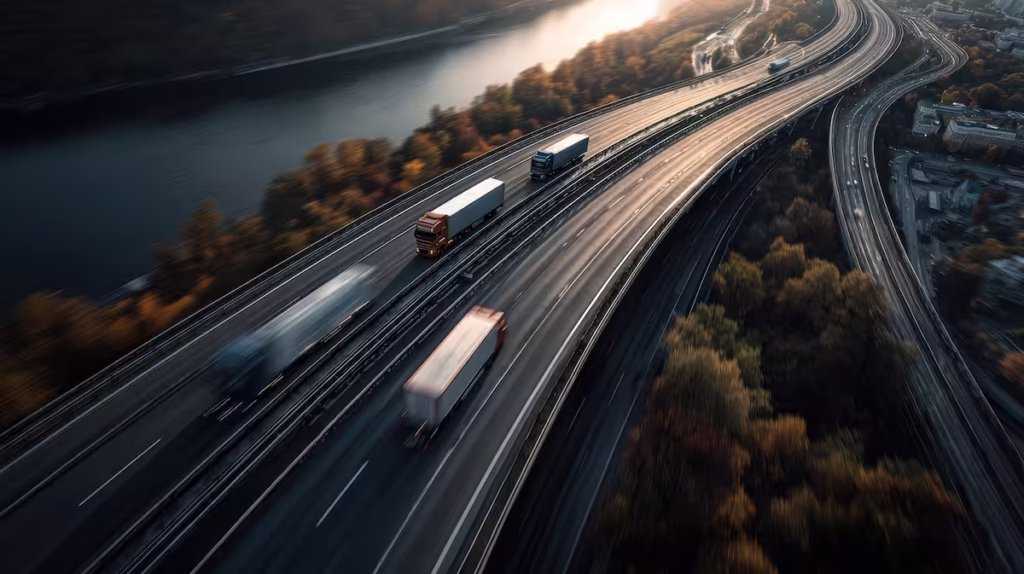 Vista aérea de una autopista con camiones circulando junto a un río al atardecer