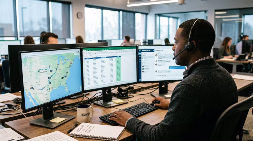 Dispatcher on a headset call reviewing load tracking, shipment status, and messaging screens at his desk