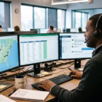 Dispatcher on a headset call reviewing load tracking, shipment status, and messaging screens at his desk