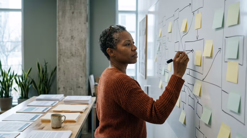 Operations director mapping a workflow on a whiteboard before choosing a business process outsourcing partner