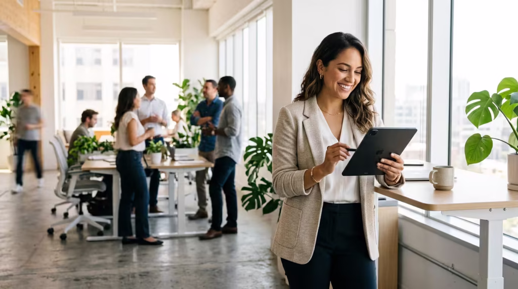 Confident professional reviewing notes on a tablet in a bright modern office