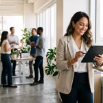 Confident professional reviewing notes on a tablet in a bright modern office
