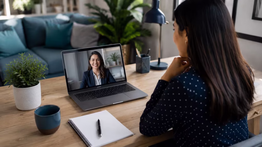 Bilingual professional in Colombia on a video call job interview from a home desk