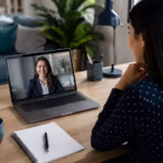 Bilingual professional in Colombia on a video call job interview from a home desk