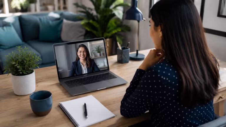 Bilingual professional in Colombia on a video call job interview from a home desk