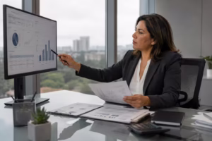 Finance professional analyzing accounts receivable and collections KPI data on a monitor in a modern office