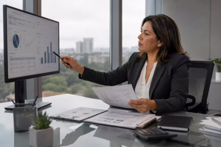 Finance professional analyzing accounts receivable and collections KPI data on a monitor in a modern office