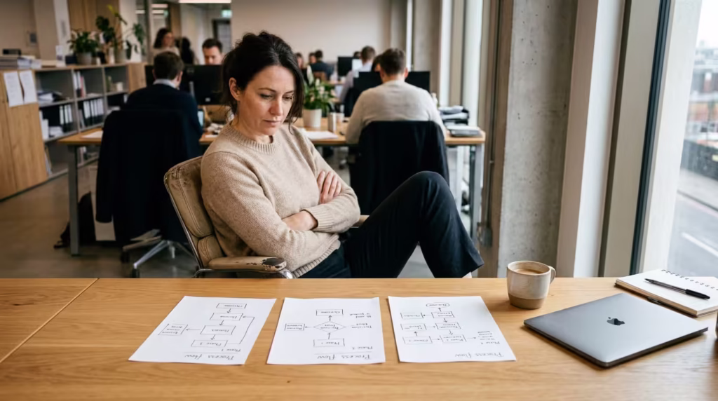 Business person comparing three staffing model diagrams: Employer of Record, staffing agency, and BPO
