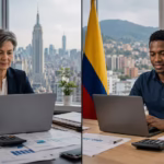 Side-by-side comparison of a U.S. office worker in New York and a Colombian office worker in Medellín reviewing financial documents