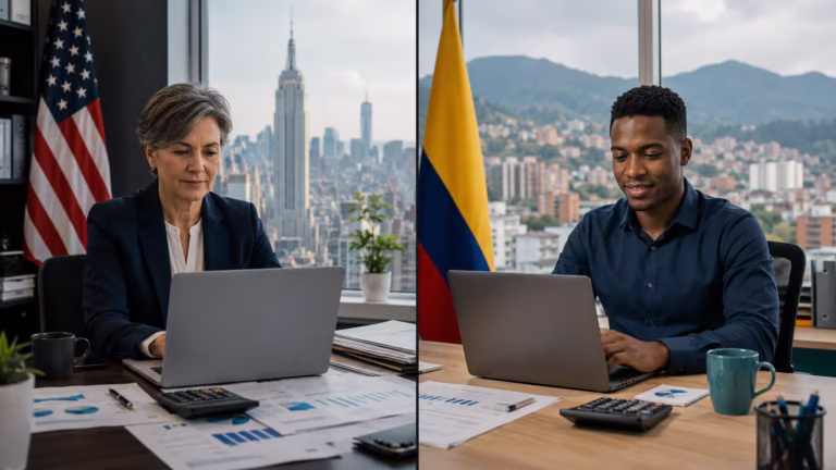 Side-by-side comparison of a U.S. office worker in New York and a Colombian office worker in Medellín reviewing financial documents