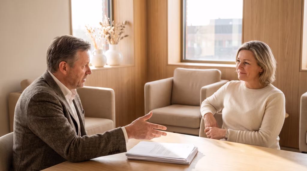 Two professionals having a calm, respectful conversation over documents at a table