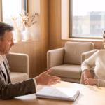 Two professionals having a calm, respectful conversation over documents at a table