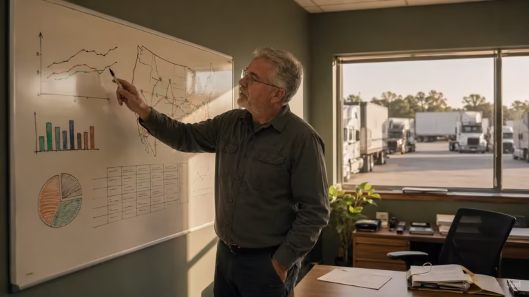 Trucking company manager reviewing dispatch metrics on a whiteboard in his office