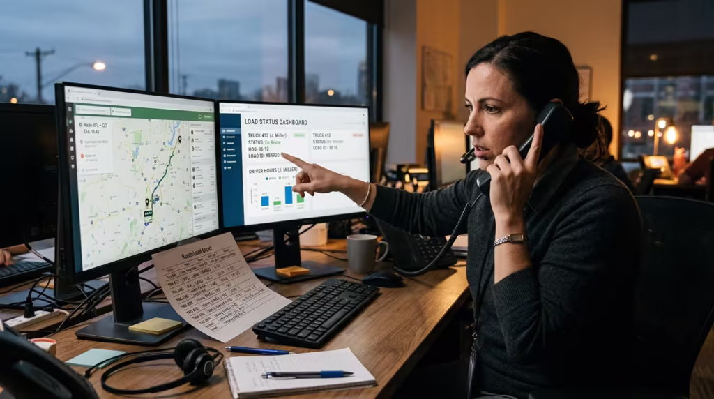 A dispatcher balancing DOT compliance and scheduling pressure during an evening call