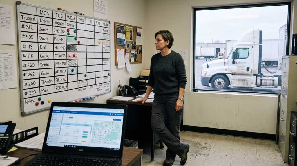 Fleet manager reviewing a dispatch schedule board while weighing in-house vs. outsourced dispatch