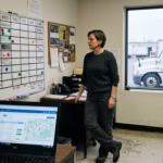 Fleet manager reviewing a dispatch schedule board while weighing in-house vs. outsourced dispatch