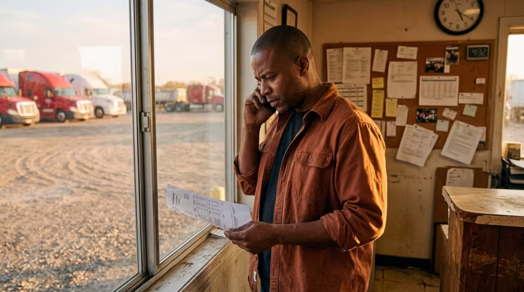 Dispatcher on a phone call verifying a broker’s rate confirmation to prevent freight fraud