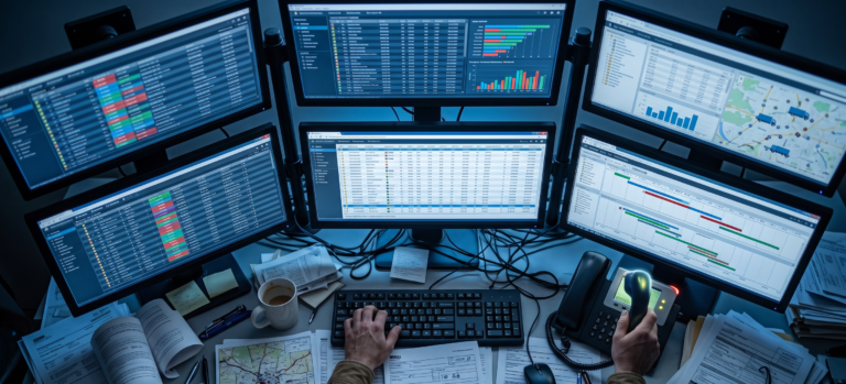 Overloaded dispatcher desk with multiple monitors, documents and phone competing for attention — NextWave BPO back-office dispatch support