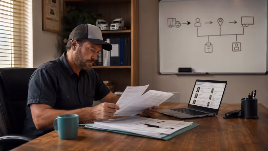 Trucking fleet owner reviewing dispatcher candidate resumes in his office