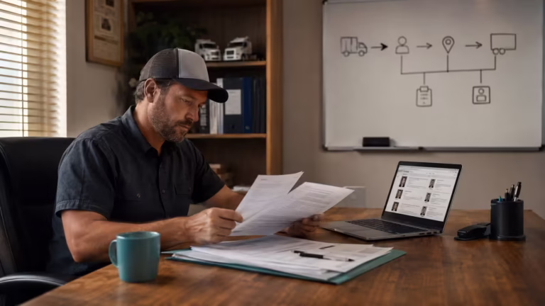 Trucking fleet owner reviewing dispatcher candidate resumes in his office