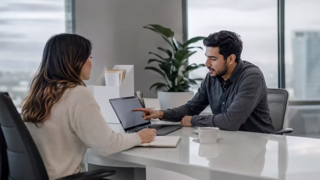 Two professionals in a modern office having an onboarding conversation over a laptop