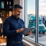 Small trucking fleet owner reviewing logistics dashboards in a modern office with trucks visible outside