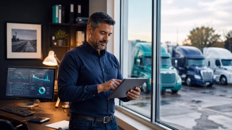 Small trucking fleet owner reviewing logistics dashboards in a modern office with trucks visible outside