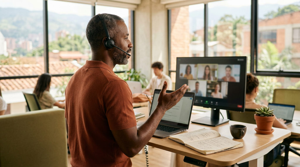 Manager on a live video call with his remote team, showing the nearshore vs offshore advantage of shared working hours