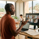 Manager on a live video call with his remote team, showing the nearshore vs offshore advantage of shared working hours