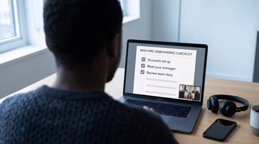 New remote employee reviewing an onboarding checklist on his laptop during his first week