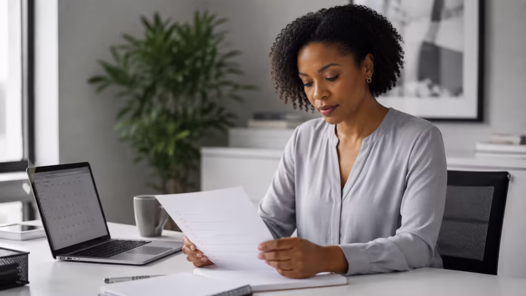 Young professional reviewing a printed onboarding checklist at her desk in a modern office