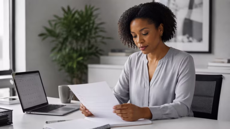 Young professional reviewing a printed onboarding checklist at her desk in a modern office
