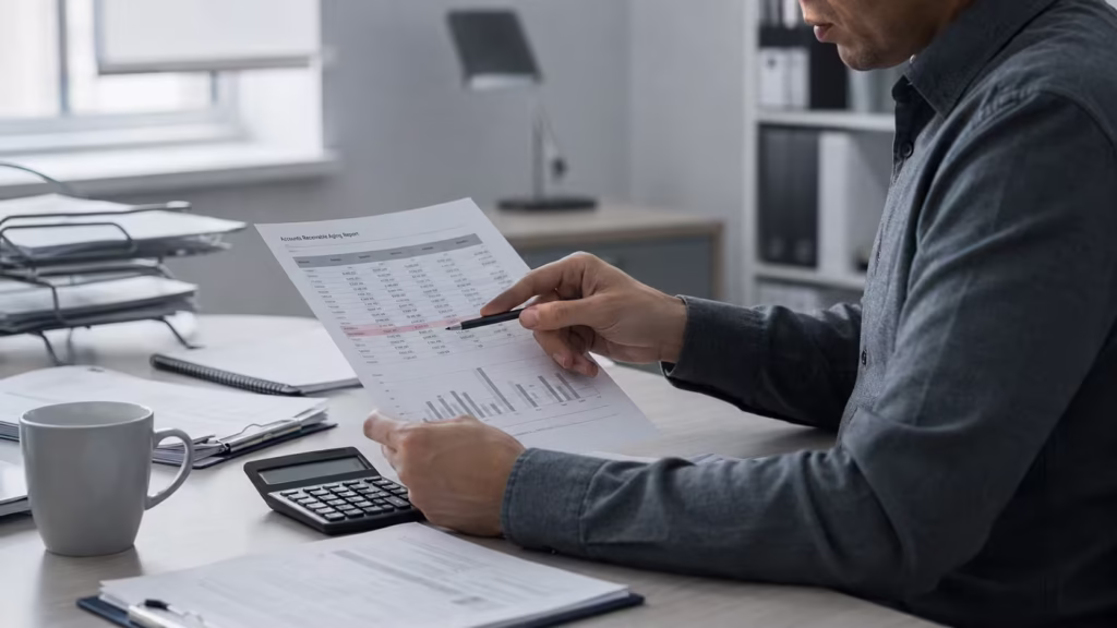 Business owner reviewing an accounts receivable aging report at their desk