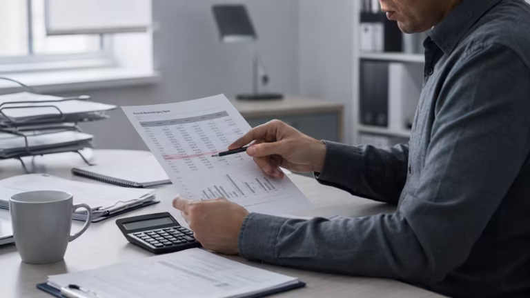 Business owner reviewing an accounts receivable aging report at their desk