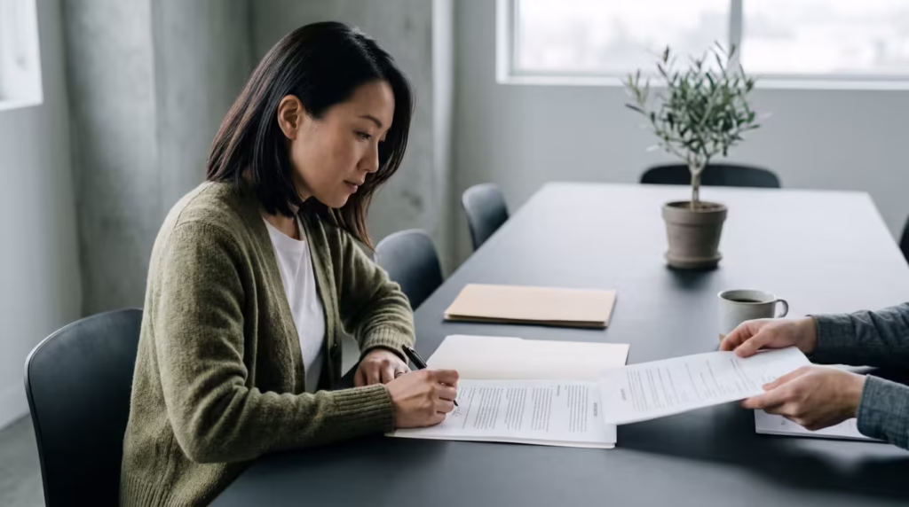 Professional reviewing an outsourcing staff abroad agreement with a pen at a conference table