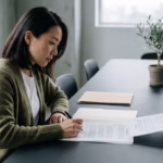 Professional reviewing an outsourcing staff abroad agreement with a pen at a conference table