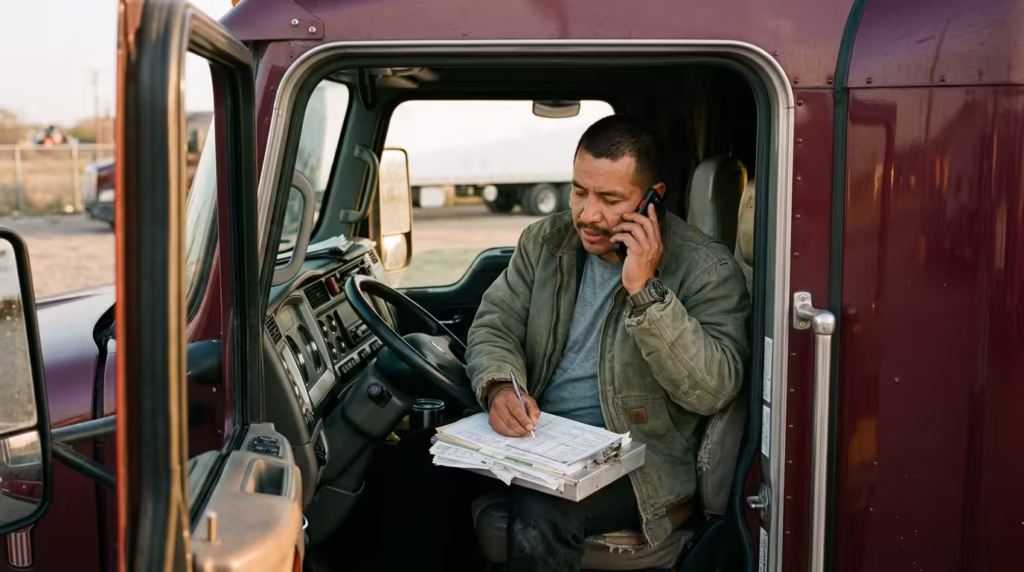 Owner operator in his truck cab on a broker call while filling out load paperwork, handling his own dispatcher work