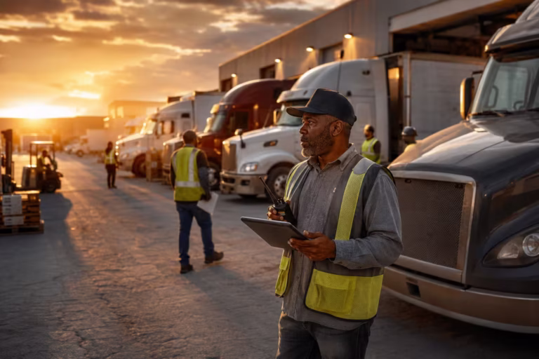 Dispatcher reviewing shipment schedule in a busy truck yard during peak trucking season