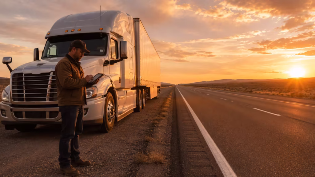 Truck driver checking real-time load tracking on a tablet next to his semi-truck at sunset on the highway shoulder