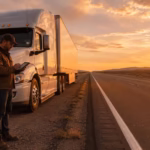 Truck driver checking real-time load tracking on a tablet next to his semi-truck at sunset on the highway shoulder