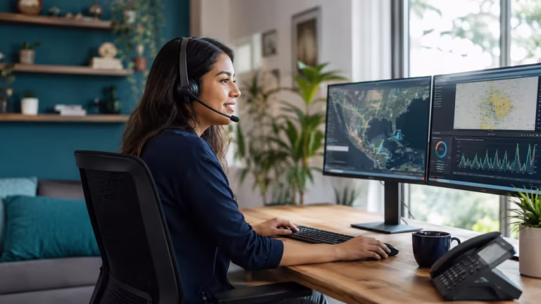Bilingual remote dispatcher wearing a headset and monitoring logistics tracking maps on dual monitors from a home office in Colombia