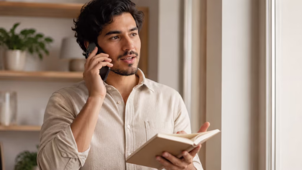 Bilingual professional in Colombia on a phone call while taking notes in a notebook