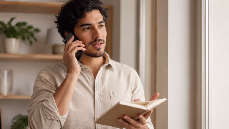Bilingual professional in Colombia on a phone call while taking notes in a notebook