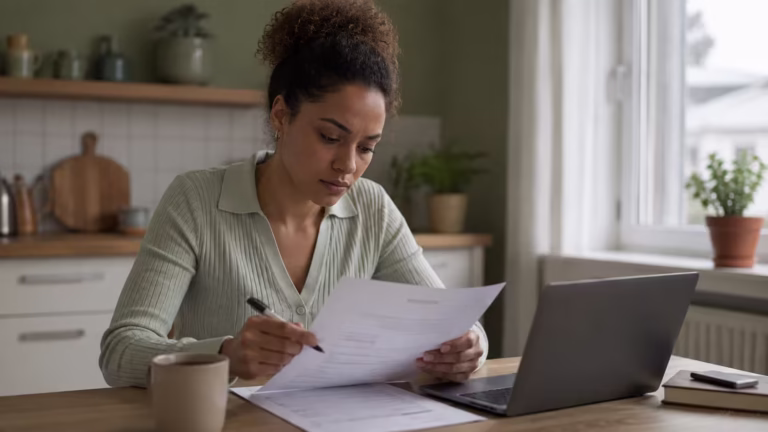 Young professional reviewing a printed resume with a pen at a kitchen table