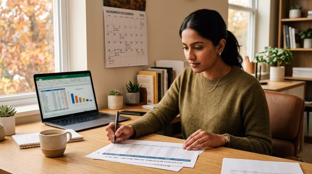 Finance professional reviewing an accounts receivable aging report and year-end calendar at her desk