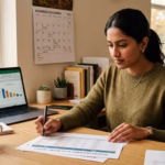 Finance professional reviewing an accounts receivable aging report and year-end calendar at her desk