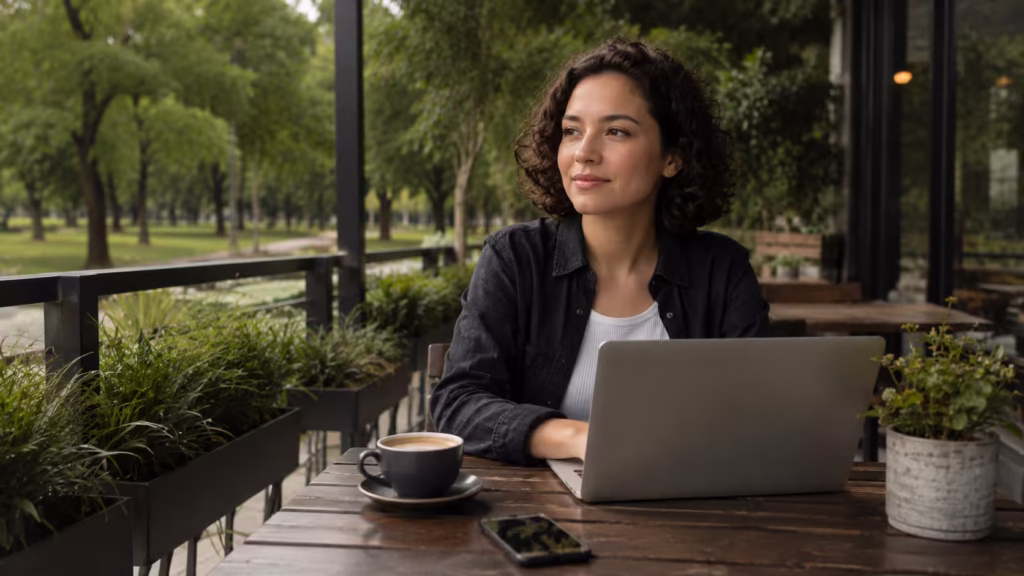 Bilingual professional in Colombia working on a laptop at an outdoor café table
